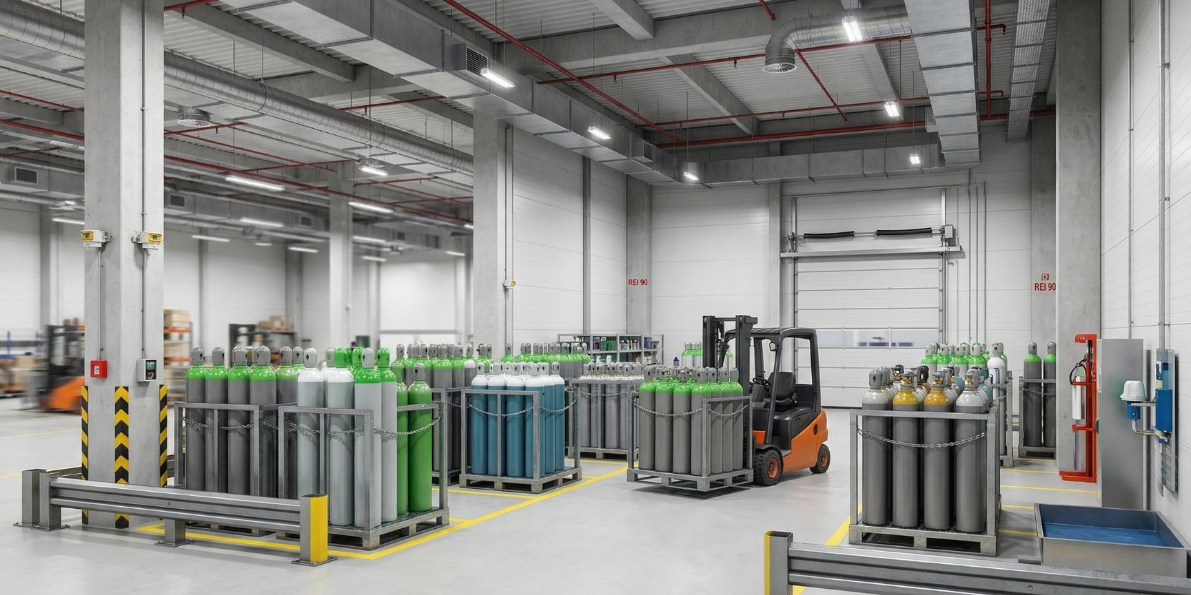 Fachgerechte Lagerung von Gasflaschen in einer Logistikimmobilie: Geordnete Reihen von Druckgasbehältern (Sauerstoff, Argon, Stickstoff) in Metallgestellen auf einem sauberen Industrieboden. Ein Ex-geschützter Gabelstapler bewegt Gasflaschenbündel. Sichtbare Sicherheitsinfrastruktur: Explosionsgeschützte Beleuchtung, Deckenventilation, Sprinkleranlage und Brandschutzwände (F90). Gelbe Bodenmarkierungen kennzeichnen Verkehrswege und Lagerbereiche.